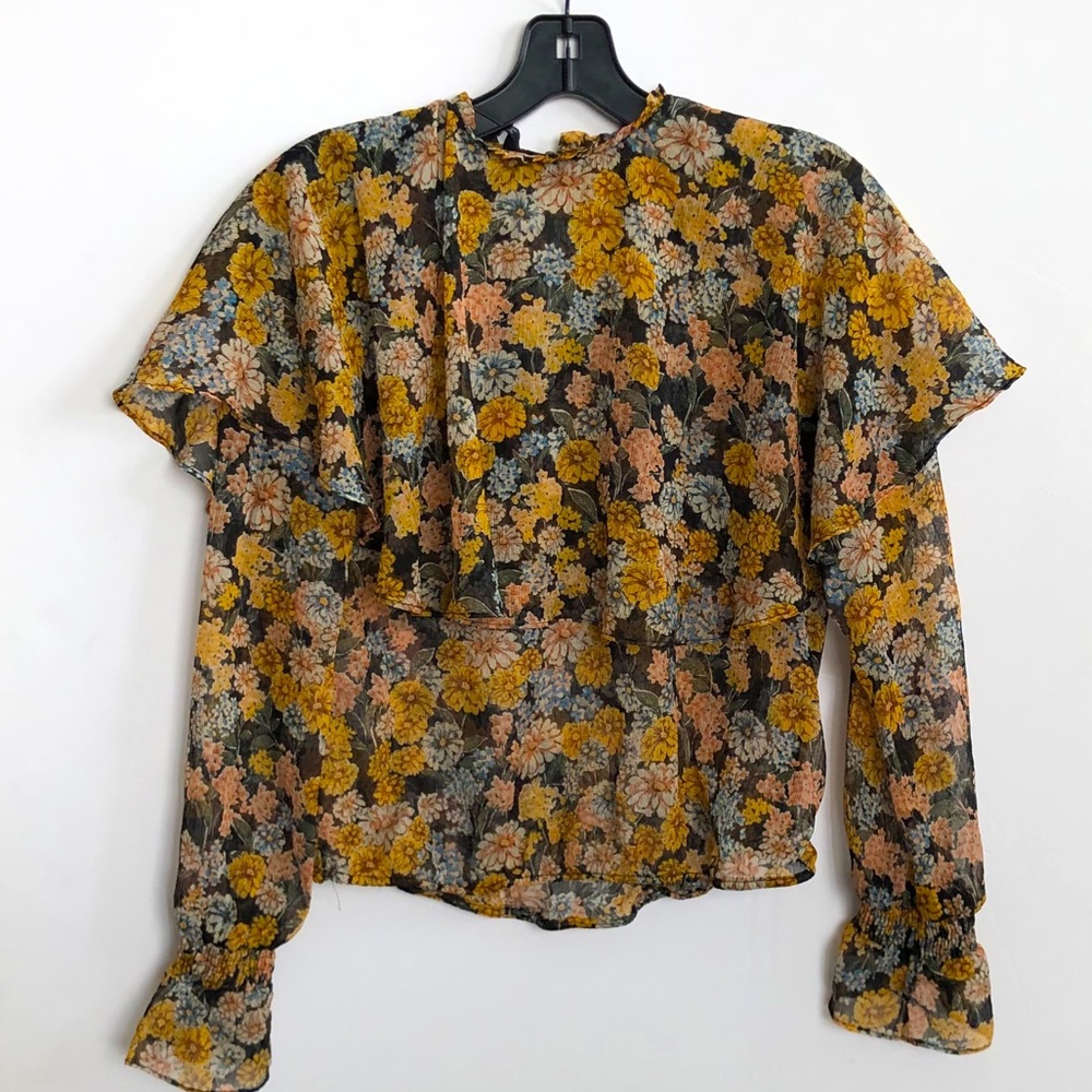 🌴ZARA Floral Ruffle Long Sleeve Top